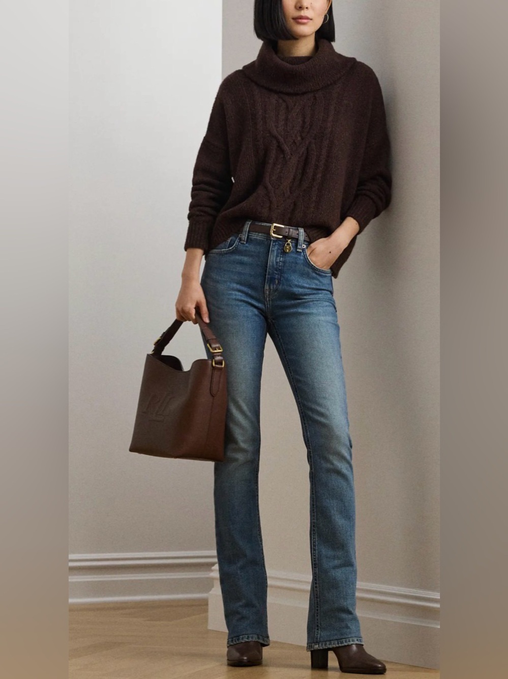 RALPH LAUREN | Brown Wool Blend Turtleneck Aran Knit Size Large